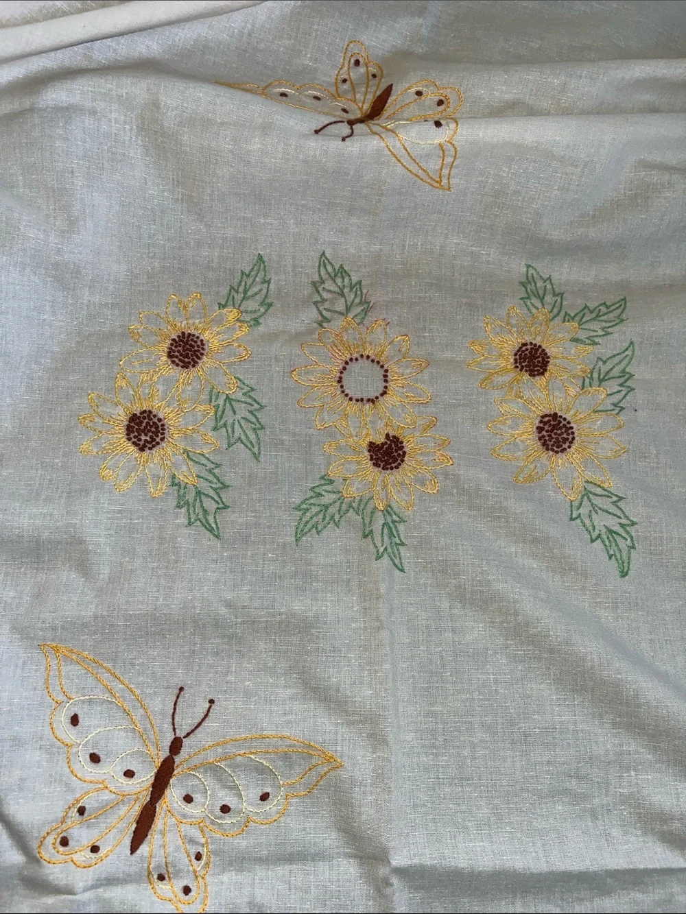 Vtg Embroidery Sunflowers & Butterflies Tablecloth Floral Nature 49.5x50 Cottage